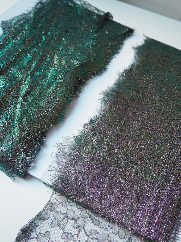 Iridescent Purple + Green Foiled Scalloped Lace Trim 12cm
