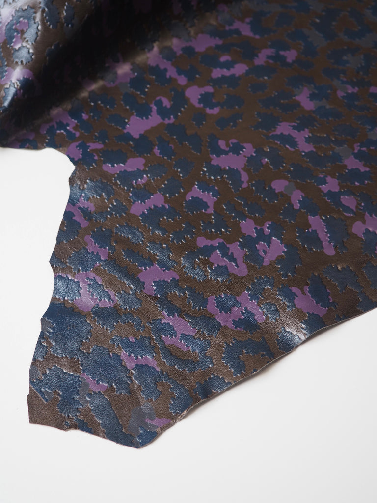 Blue + Purple Embossed Leopard Calfskin Leather