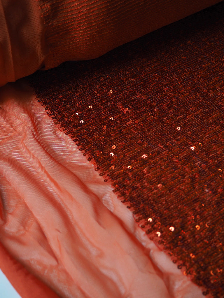 Burnt Orange Sequin Stretch Mesh