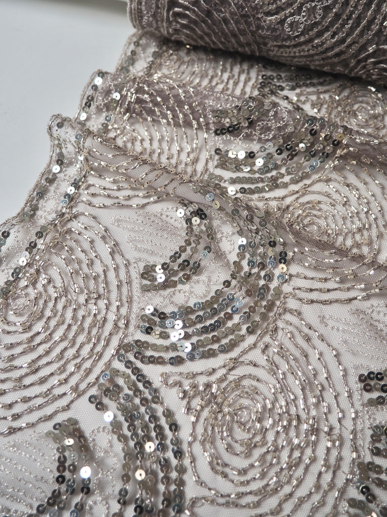 Taupe Beaded Sequin Scallop Embroidered Tulle