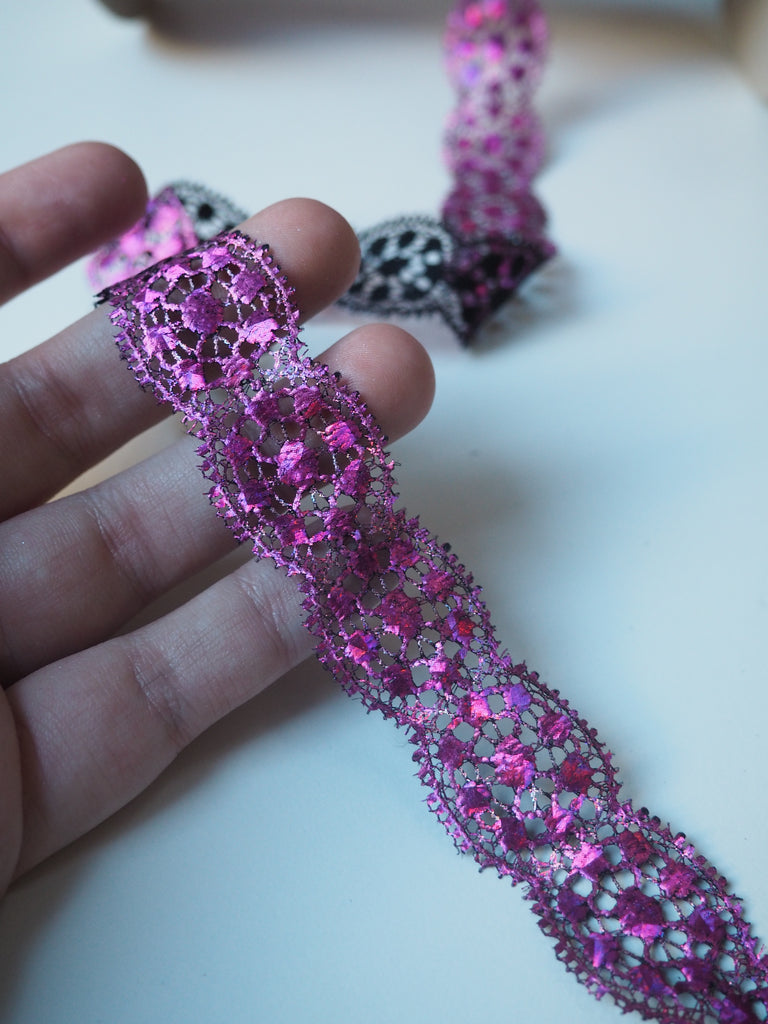 Bright Pink Circlet Foiled Scallop Lace Trim 2cm