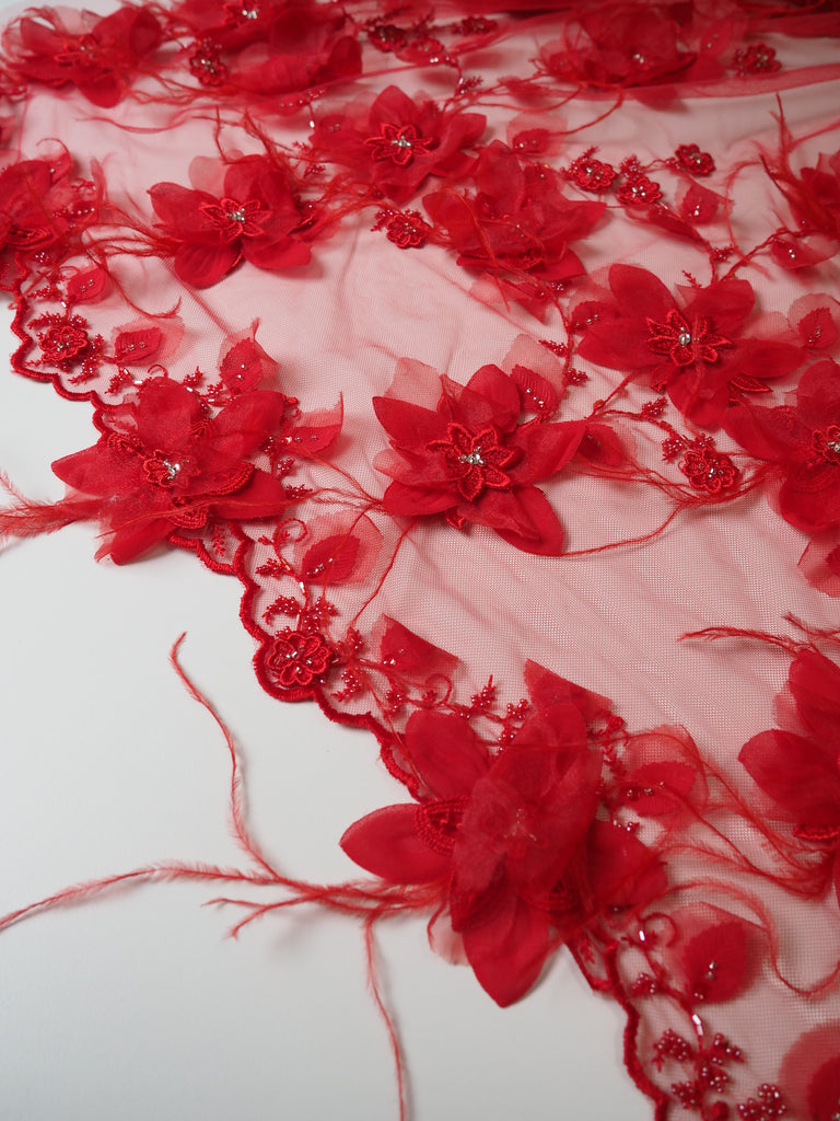 Red Floral Garland Ostrich Feather Applique Tulle