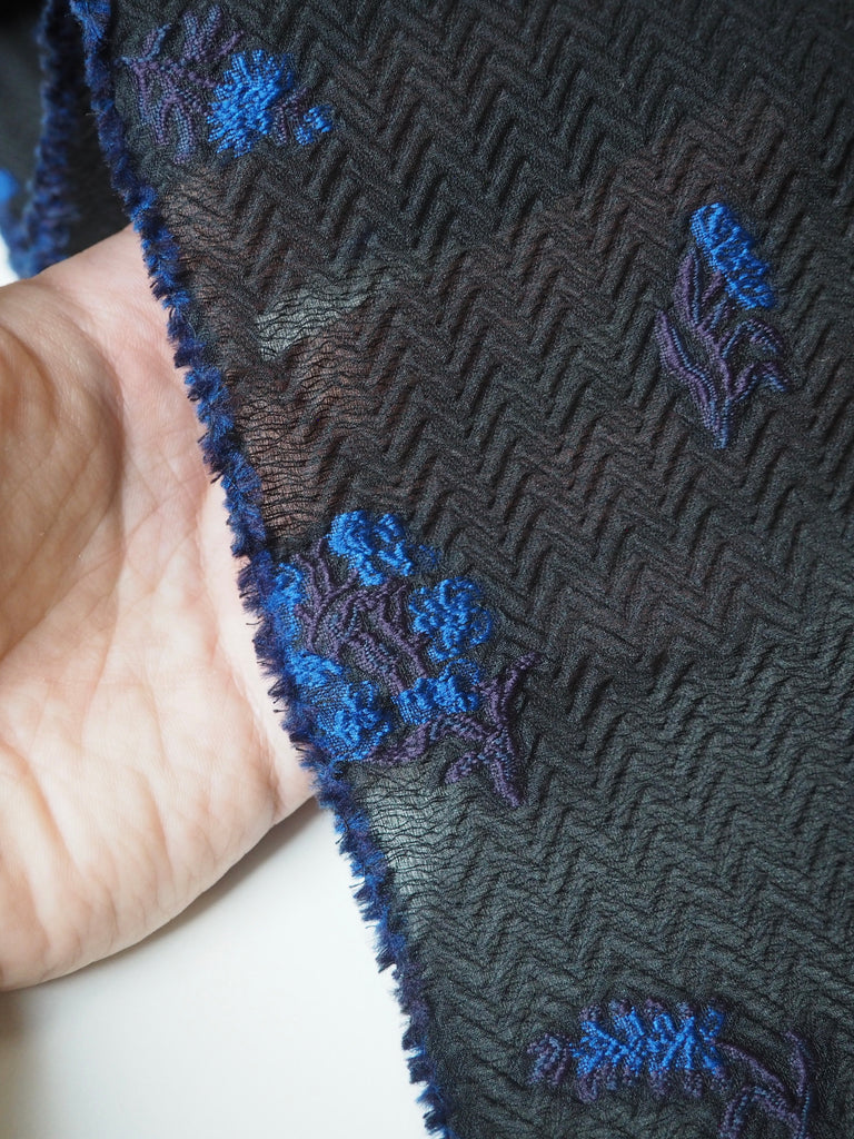 Blue Floral Jacquard Cloqué