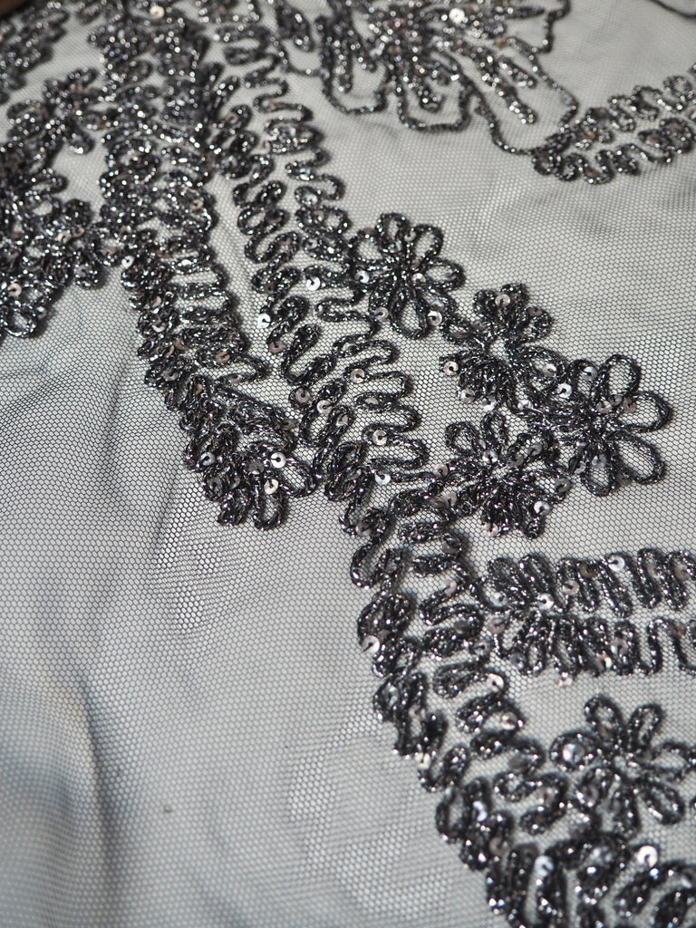 Gunmetal Lurex Embroidered Garland Tulle