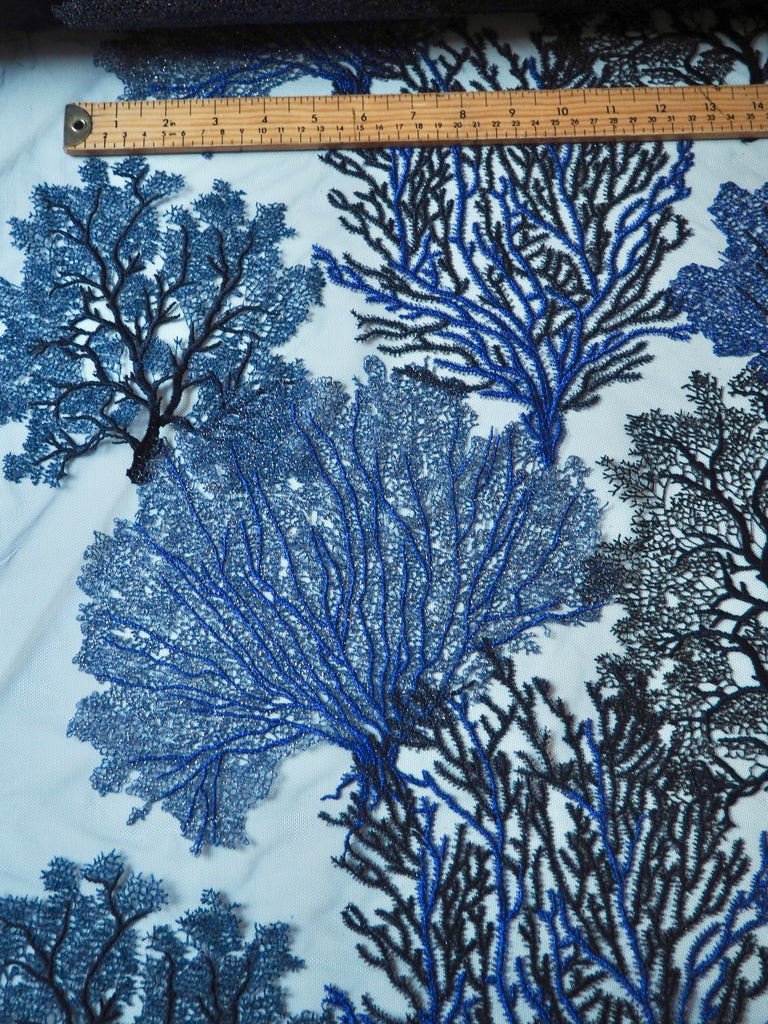 Rich Indigo Coral Lurex Embroidered Tulle