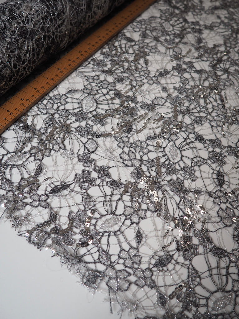 Silver Sequined Floral Lurex Web Lace