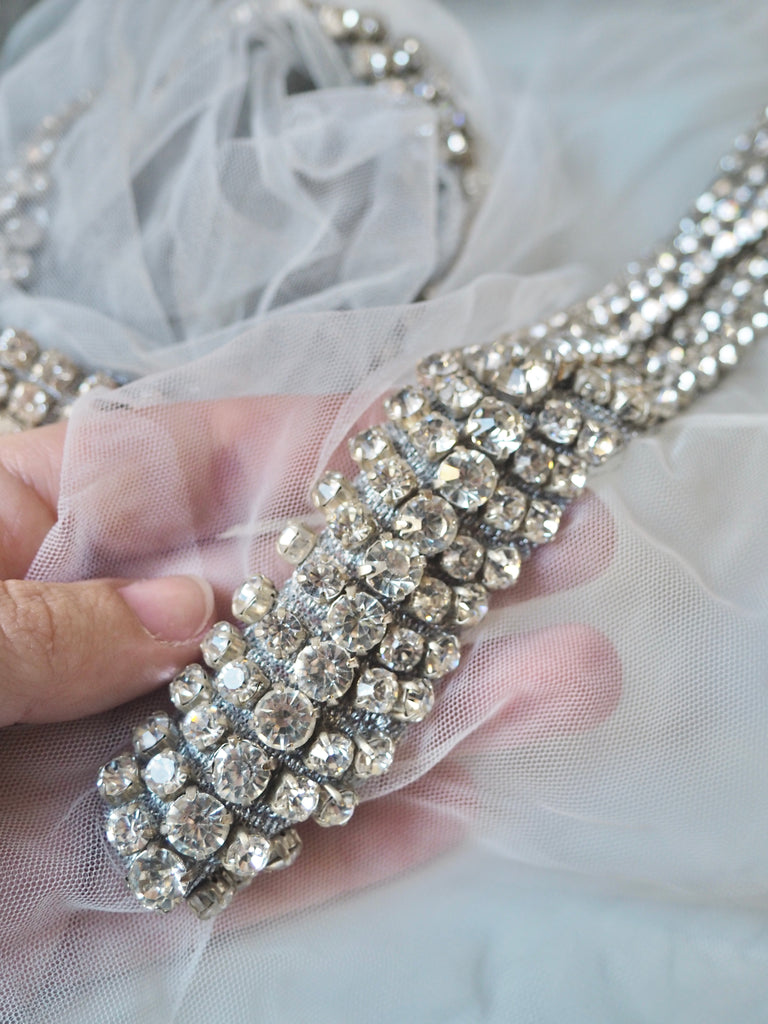 Hand Beaded Long Silver Crystal Appliqué