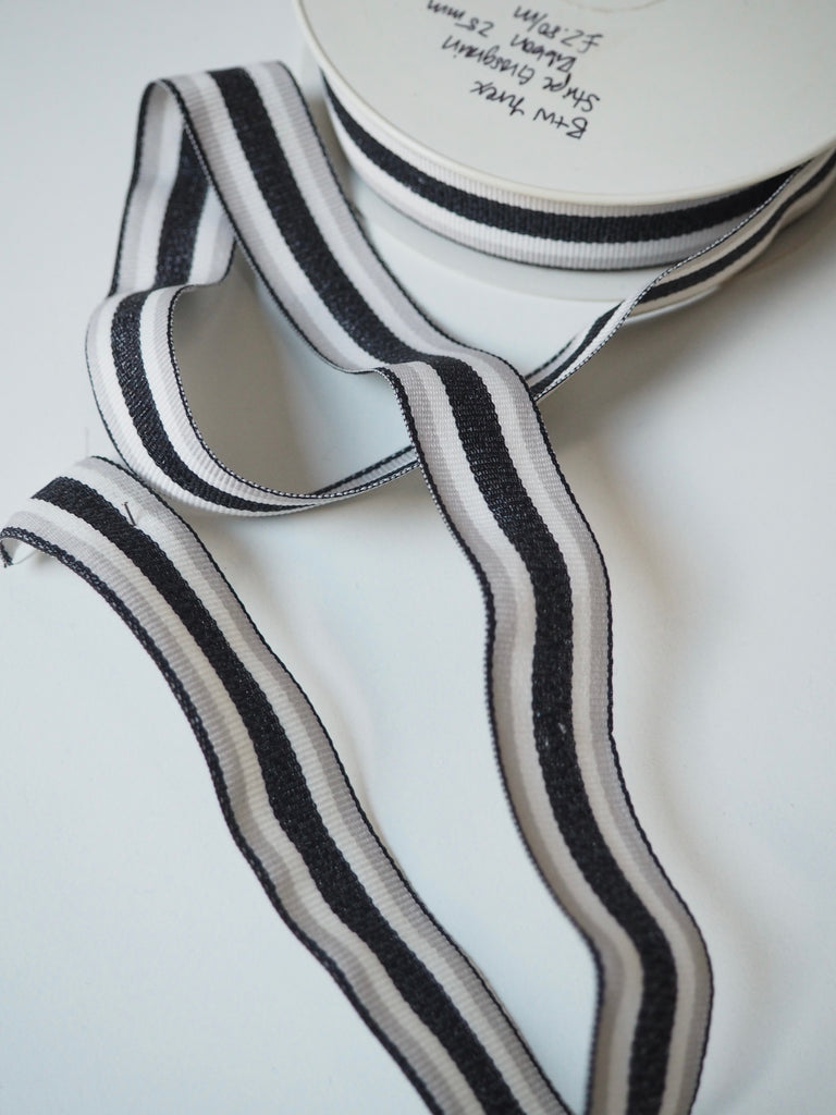 Black + White Lurex Stripe Grosgrain Ribbon 25mm