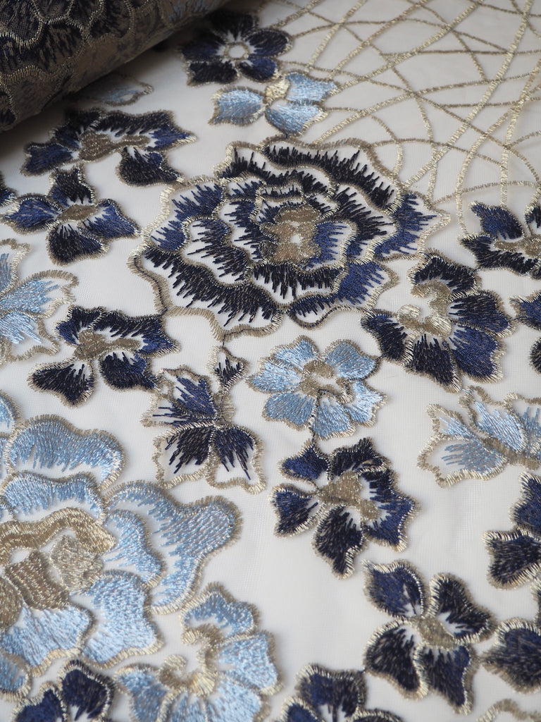 Blue + Gold Lurex Floral Embroidered Scallop Tulle