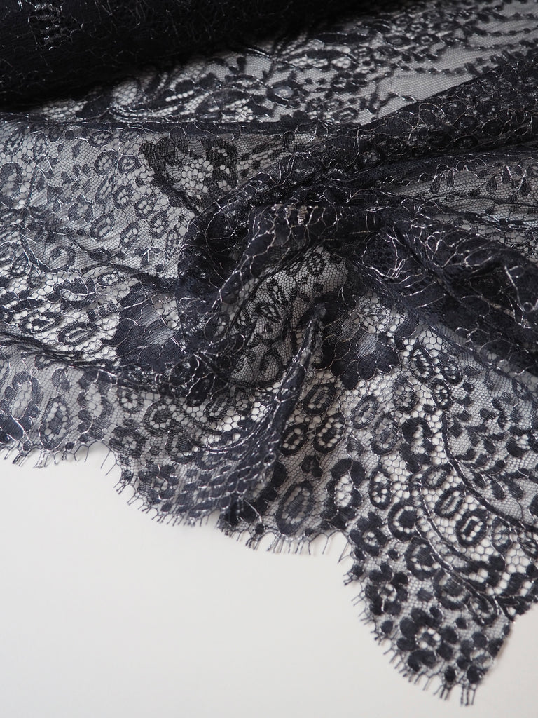 Navy Silver Lurex Finely Corded Scallop Lace