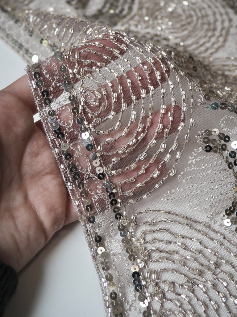 Taupe Beaded Sequin Scallop Embroidered Tulle