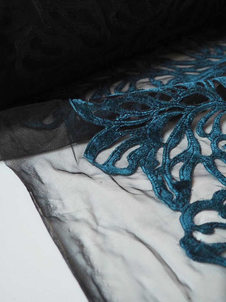 Blue Velvet Leafy Embroidered Tulle
