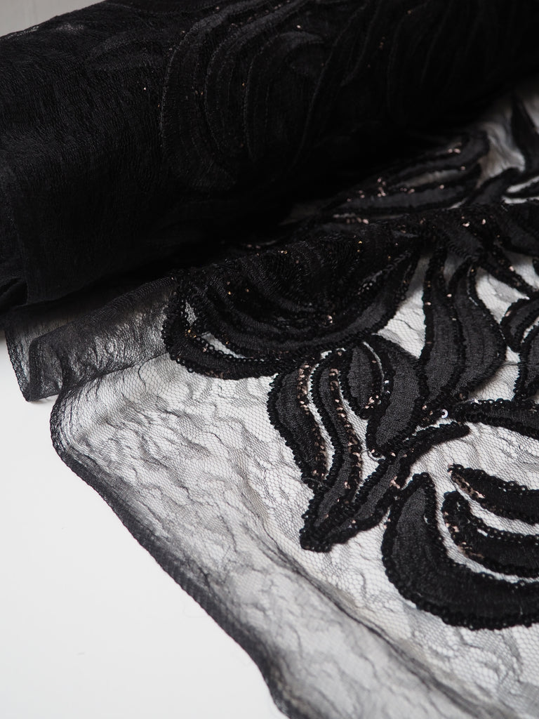 Black Trailing Vine Embroidered Sequin Lace