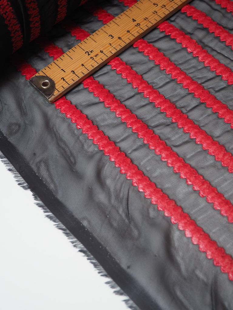 Red Embroidered Stripe Chiffon