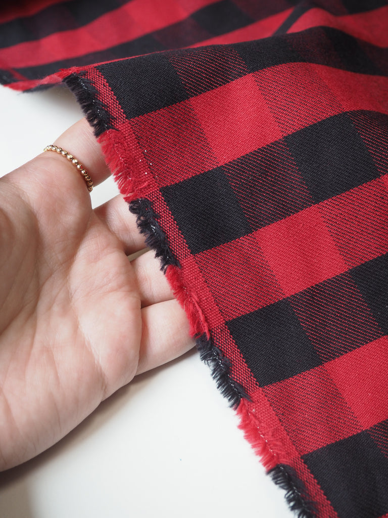 Red + Black Check Fleece-Back Cotton Twill