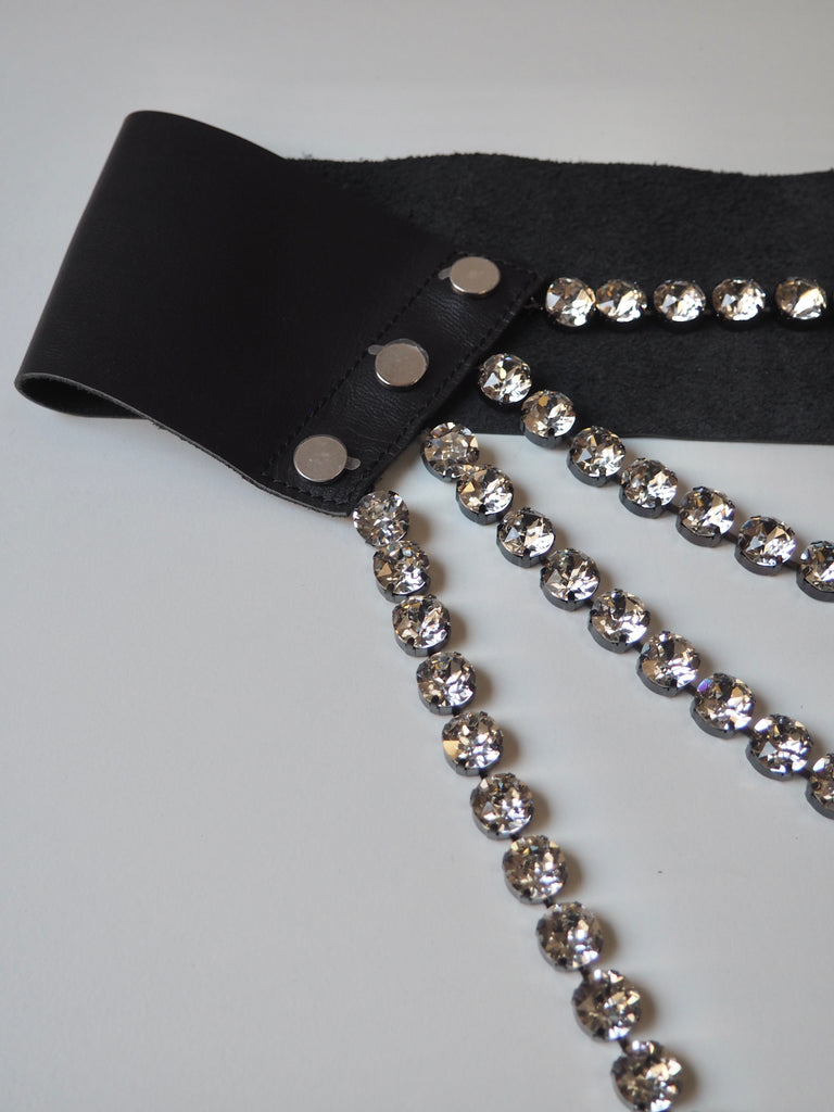 Crystal + Black Leather Belt 110cm