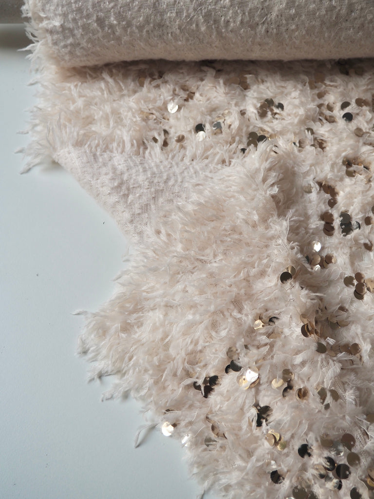 Cream Feather Fringed Gold Sequin Knit