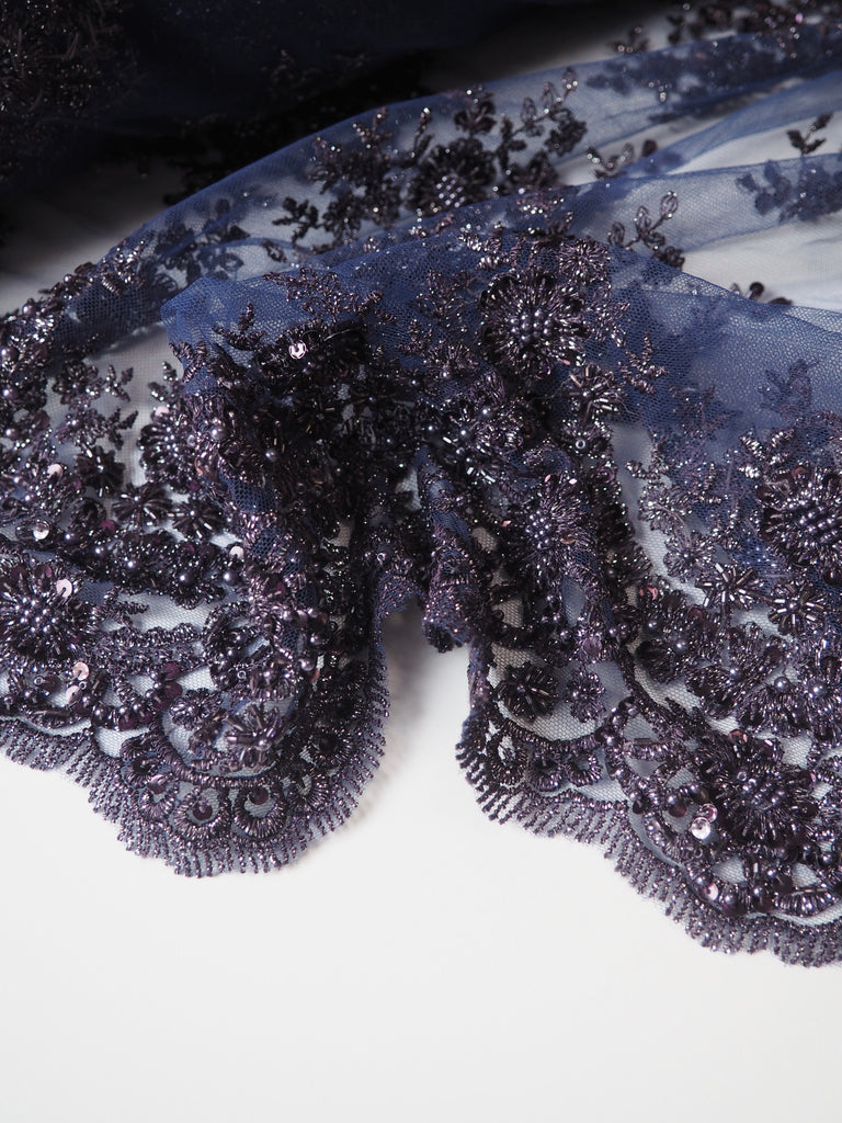 Deep Purple Lurex Floral Beaded Tulle