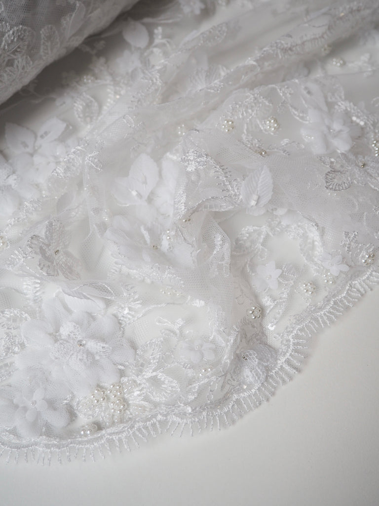 White Beaded Floral Appliqué Tulle