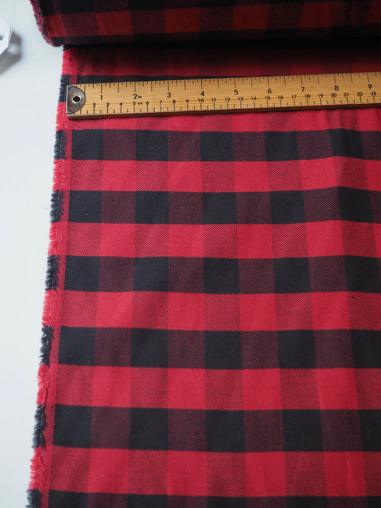 Red + Black Check Fleece-Back Cotton Twill