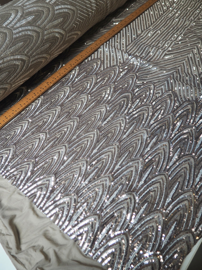 Taupe + Silver Striped Sequin Stretch Mesh