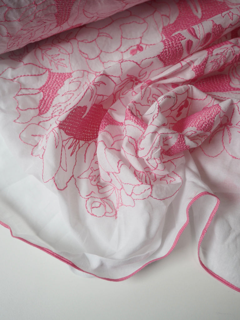 Pink Floral Embroidered Cotton Voile