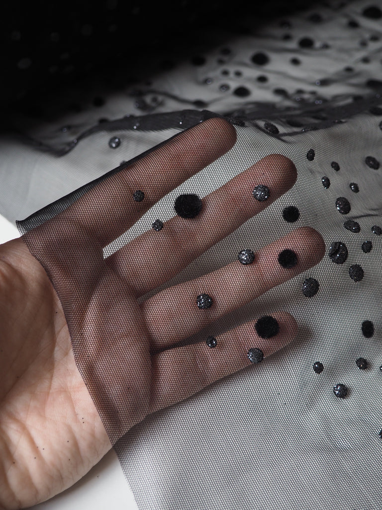 Black Flocked Dot Stretch Tulle