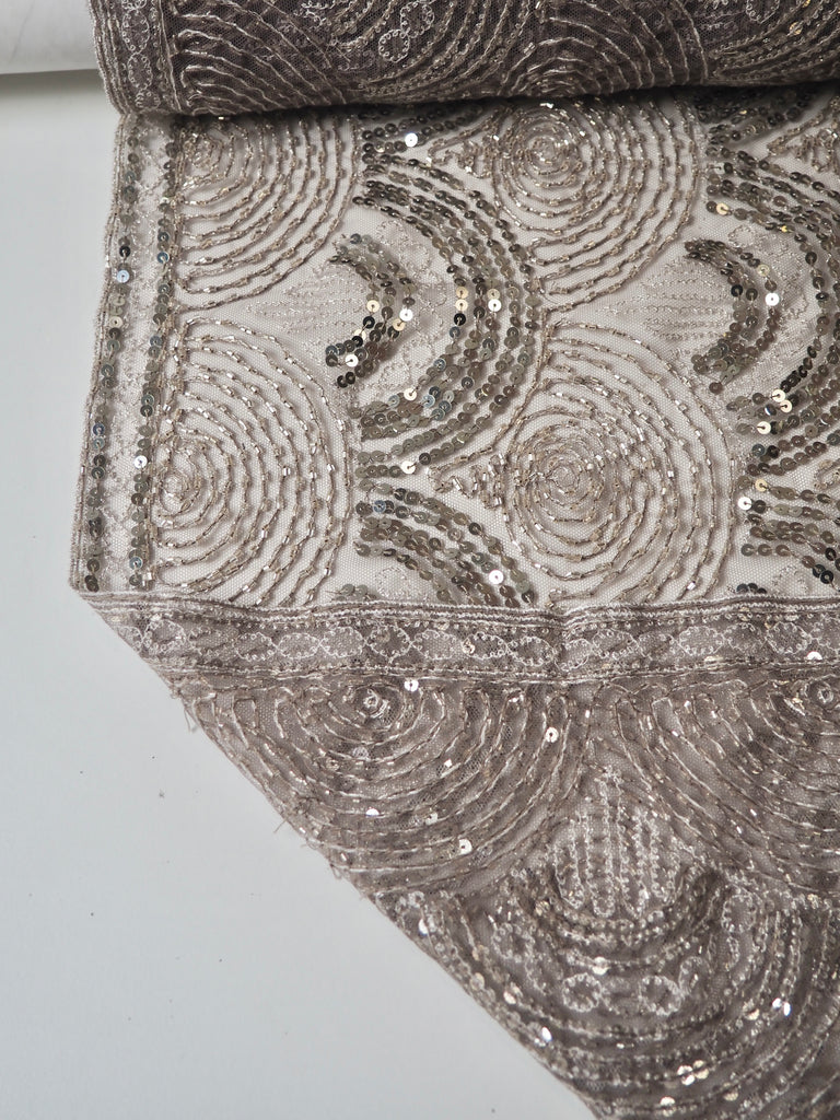 Taupe Beaded Sequin Scallop Embroidered Tulle