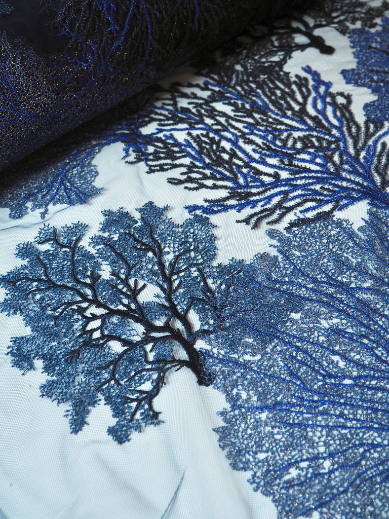 Rich Indigo Coral Lurex Embroidered Tulle