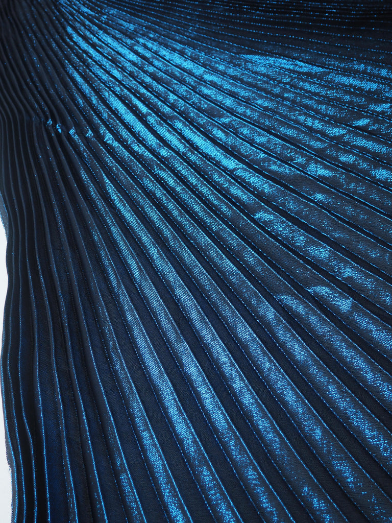 Blue Lurex Silk Chiffon Knife Pleated Skirt Panels