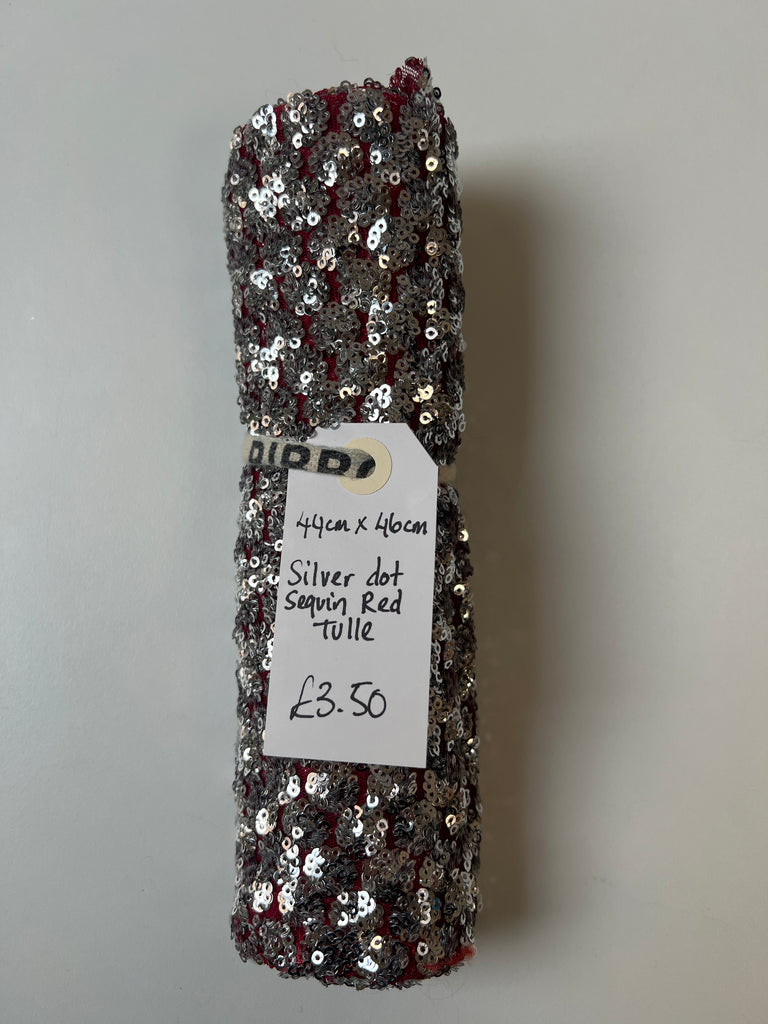 Silver Dot Sequin Red Tulle Remnant