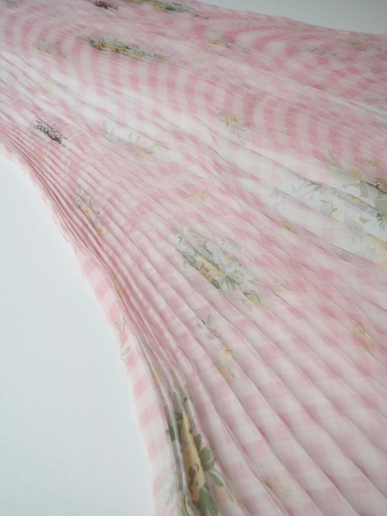 Pink Silk Organza Gingham Knife Pleated Skirt Panels