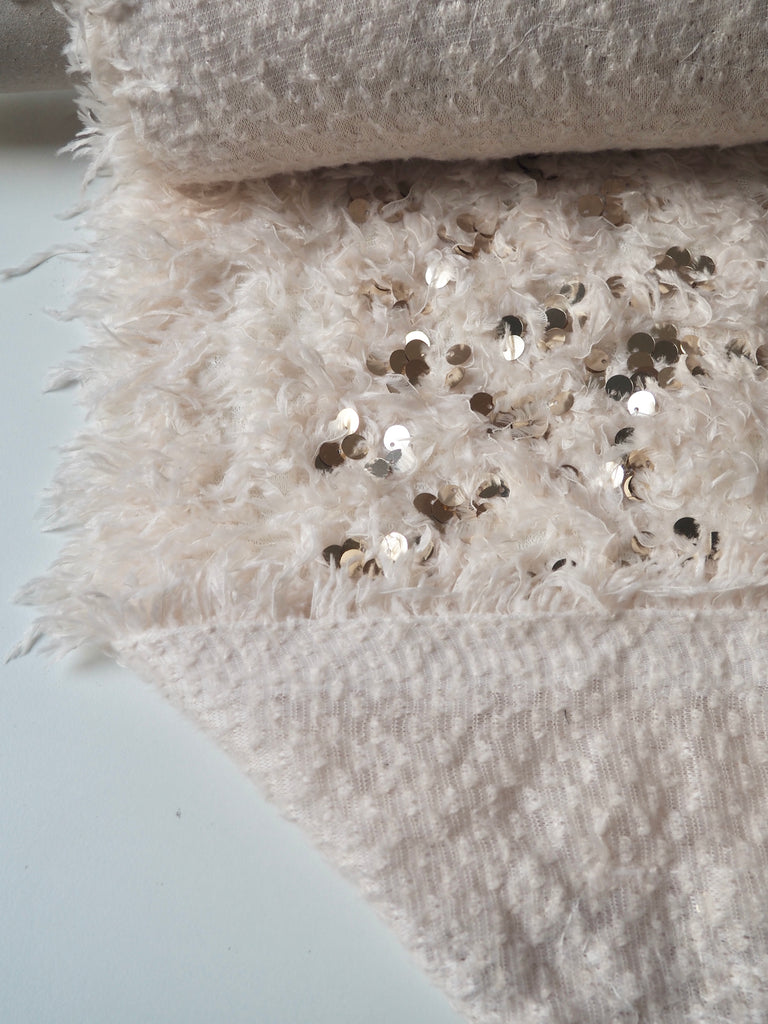 Cream Feather Fringed Gold Sequin Knit