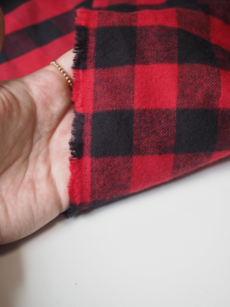 Red + Black Check Fleece-Back Cotton Twill
