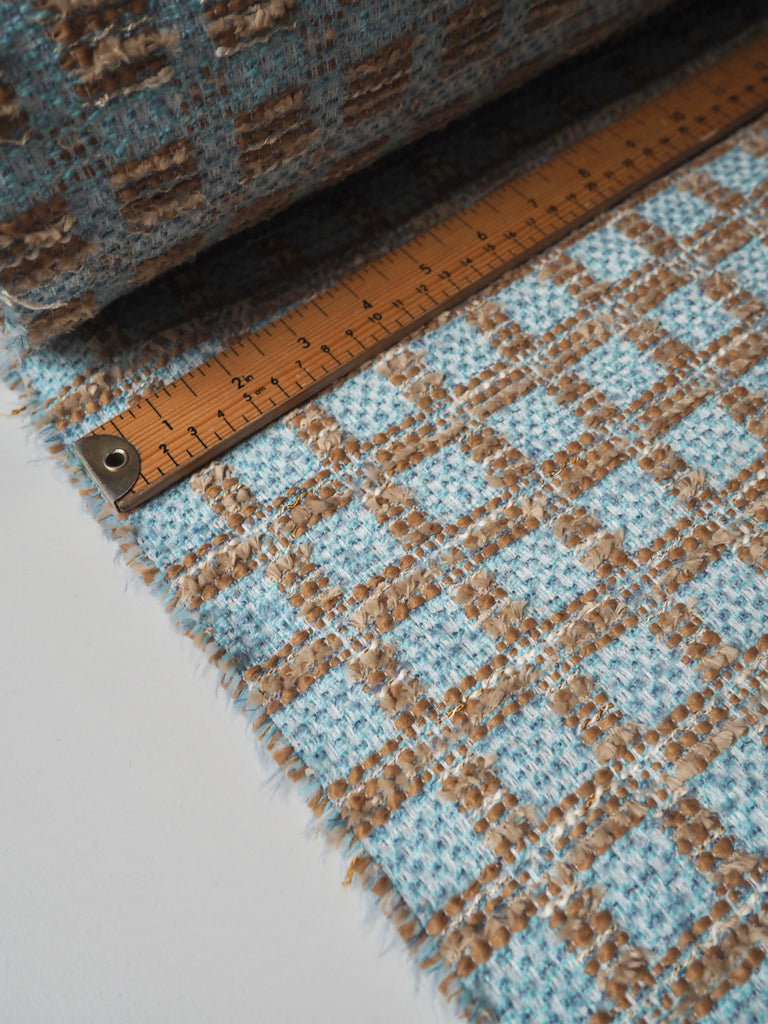 Blue + Brown Check Bouclé Wool Blend Coating