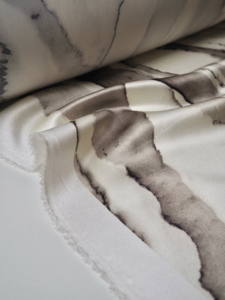 Cream + Grey Marbled Heavy Silk Satin