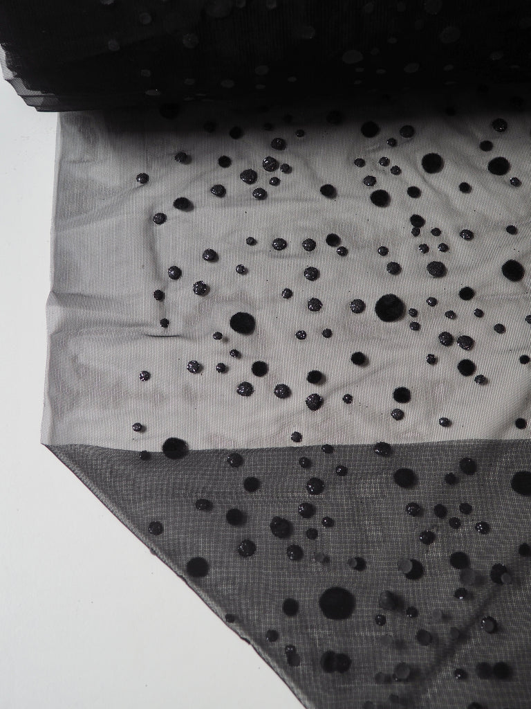 Black Flocked Dot Stretch Tulle