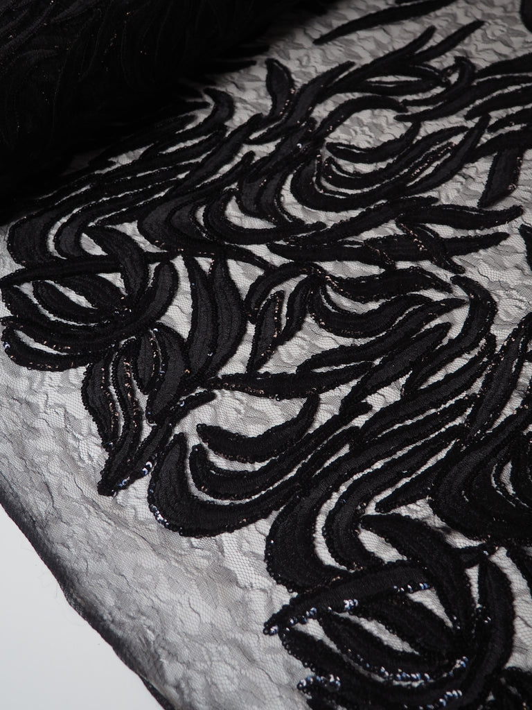 Black Trailing Vine Embroidered Sequin Lace