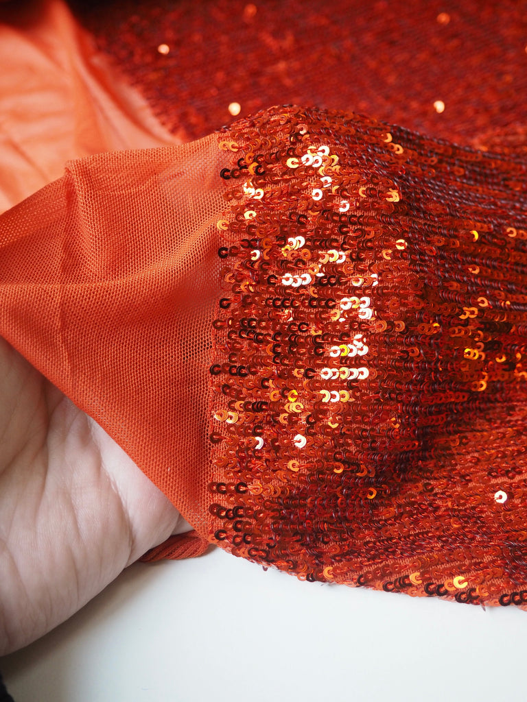 Burnt Orange Sequin Stretch Mesh