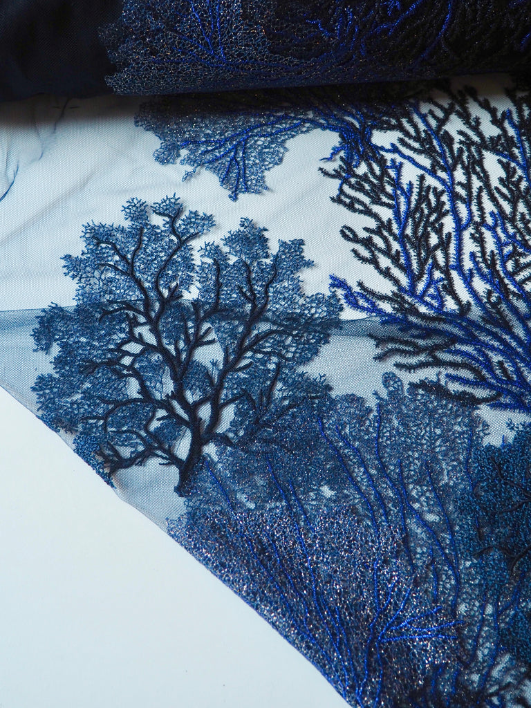 Rich Indigo Coral Lurex Embroidered Tulle