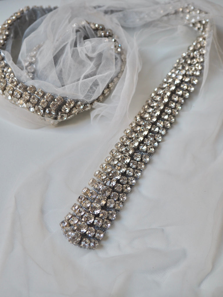 Hand Beaded Long Silver Crystal Appliqué