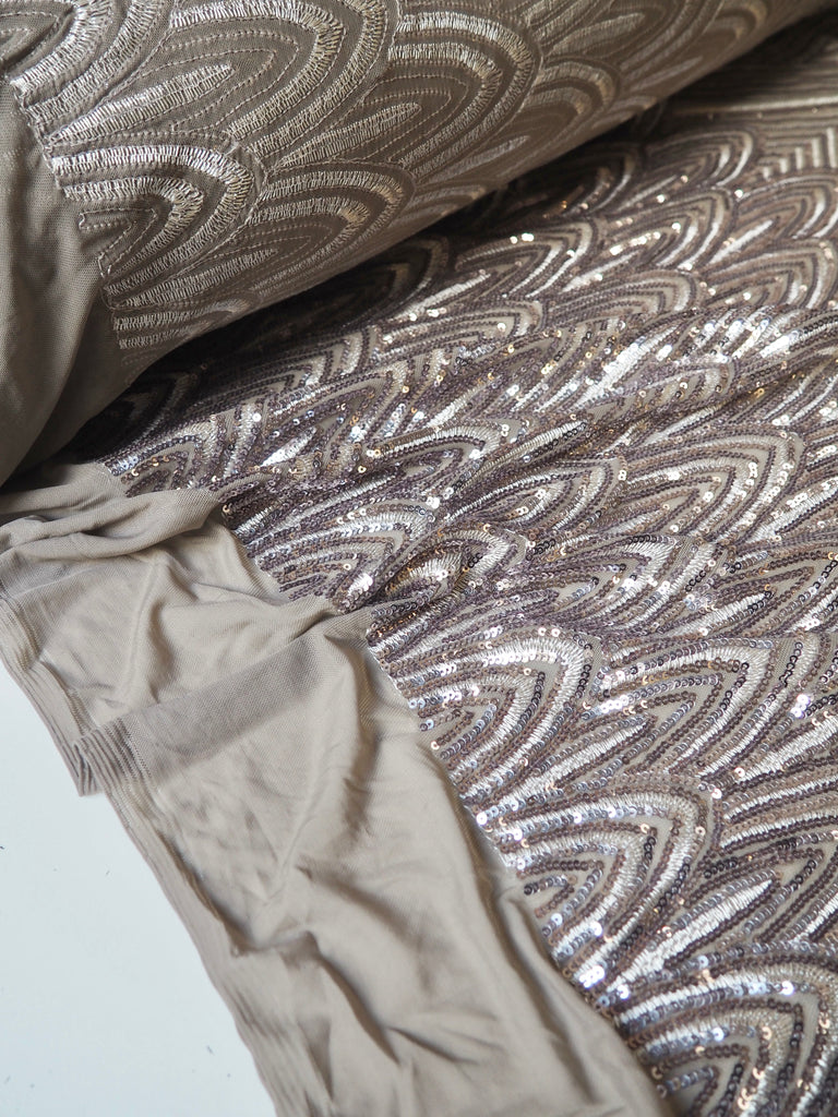 Taupe + Silver Striped Sequin Stretch Mesh