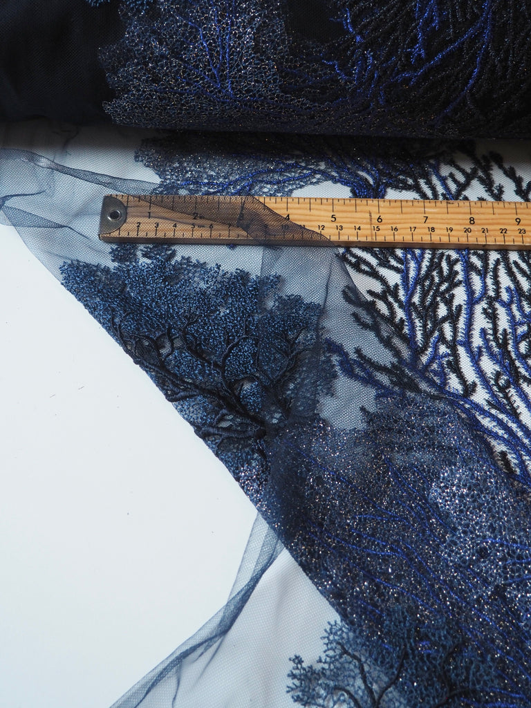 Rich Indigo Coral Lurex Embroidered Tulle