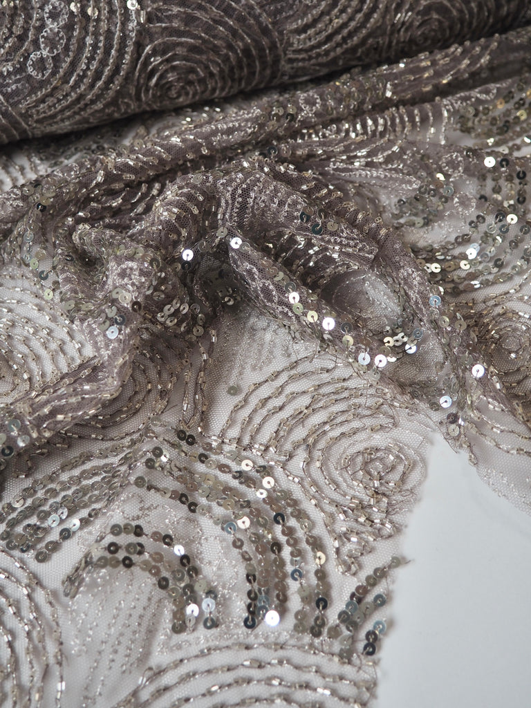 Taupe Beaded Sequin Scallop Embroidered Tulle