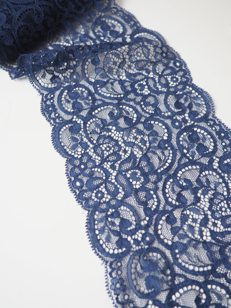 Navy Foliage Scallop Lace Trim 13cm