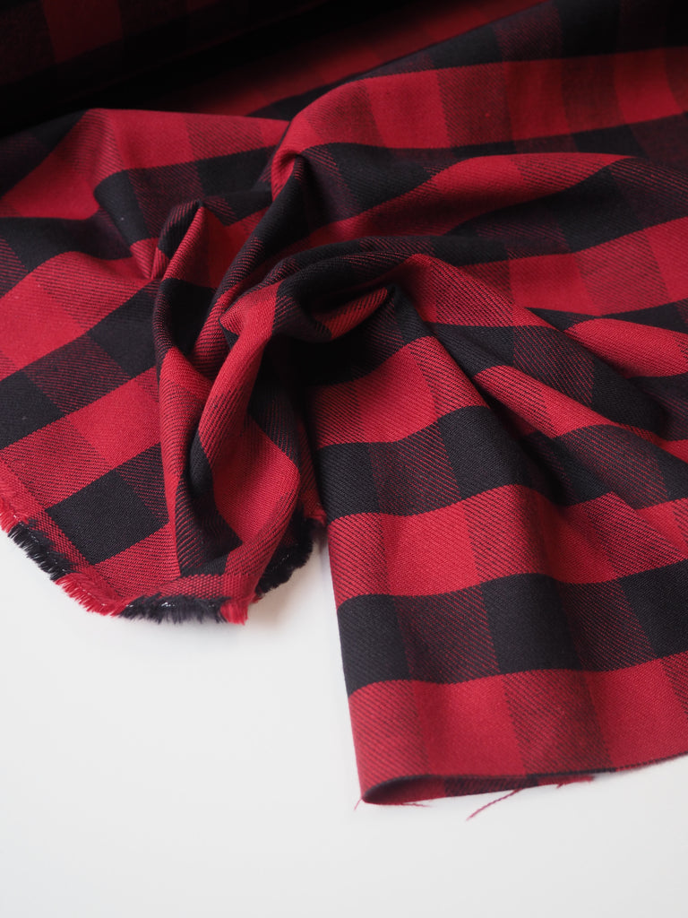 Red + Black Check Fleece-Back Cotton Twill