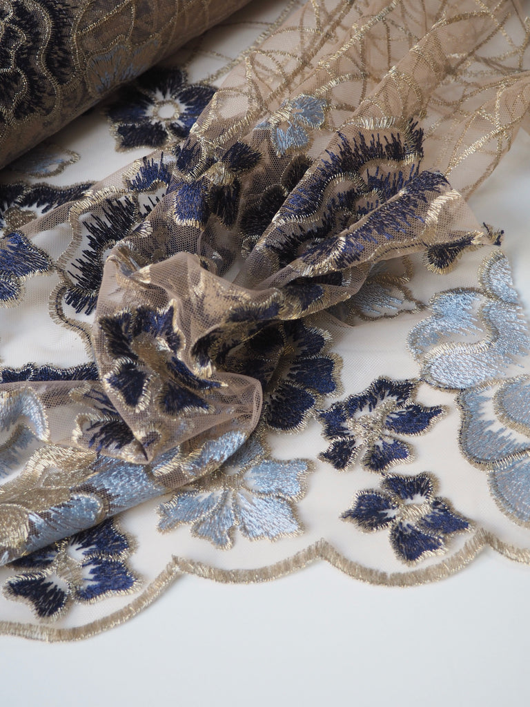 Blue + Gold Lurex Floral Embroidered Scallop Tulle