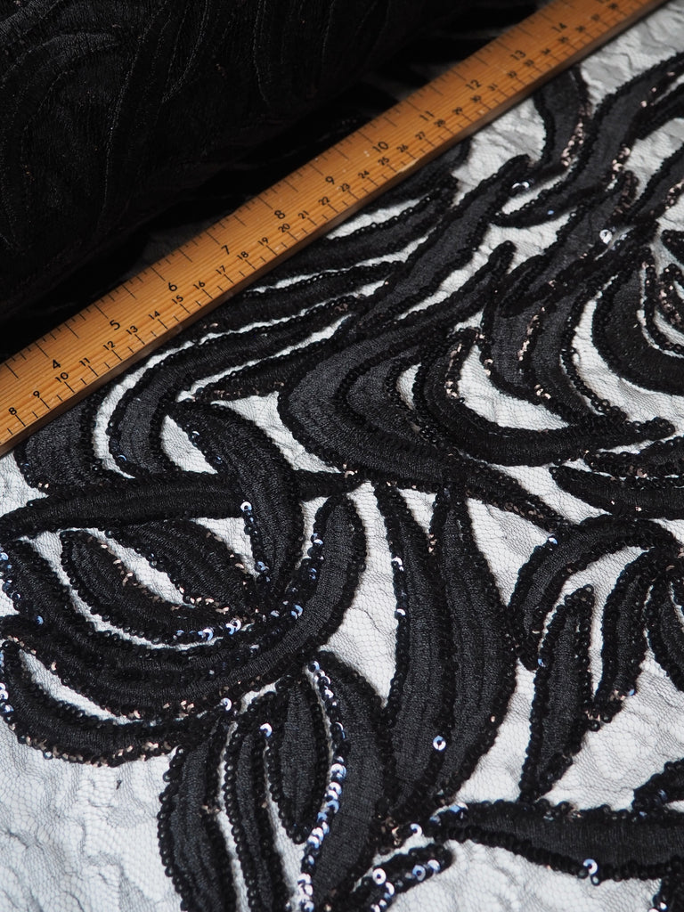 Black Trailing Vine Embroidered Sequin Lace