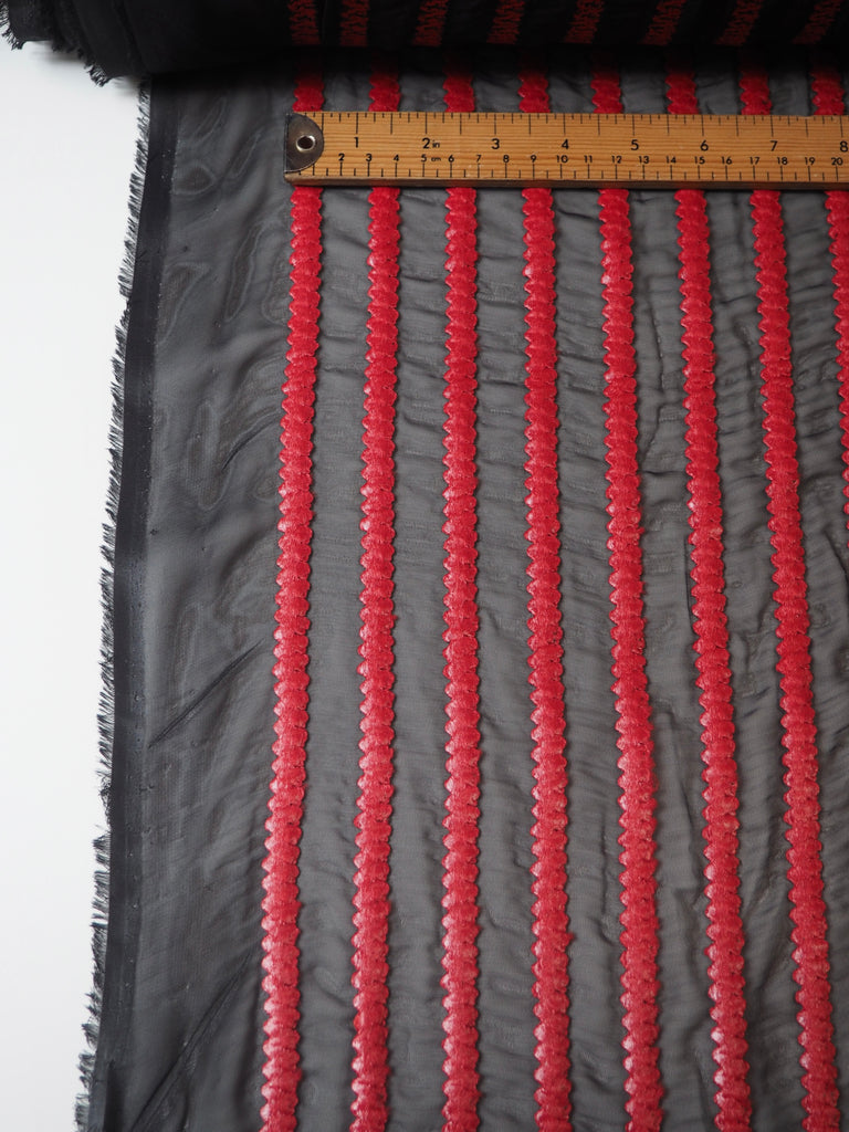 Red Embroidered Stripe Chiffon