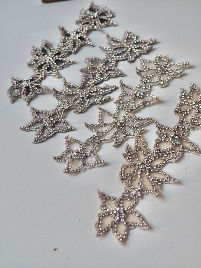 Hand Beaded Medium Silver Outline Floral Crystal Appliqué